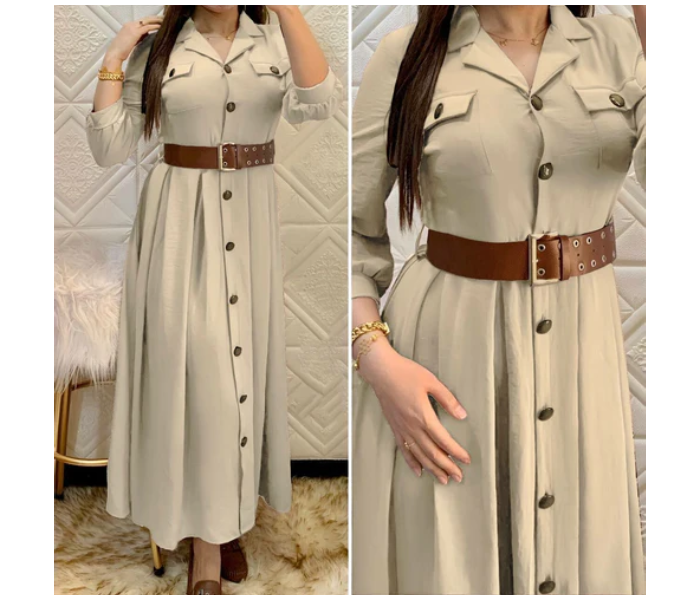 Pleated A337 XXXL Turkish Buttoned Ayrobin Dress with Belt for Women - Beige - Zoom Image