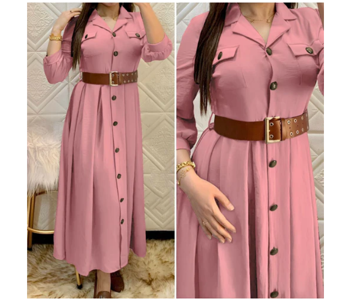 Pleated A337 XXXL Turkish Buttoned Ayrobin Dress with Belt for Women - Pink - Zoom Image