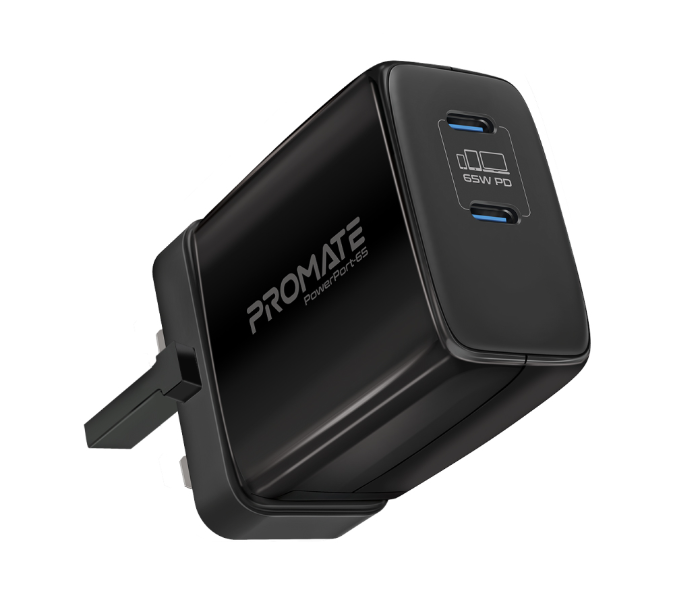 Promate POWERPORT-65W Universal USB-C Power Delivery GaN Charger UK - Black - Zoom Image 1