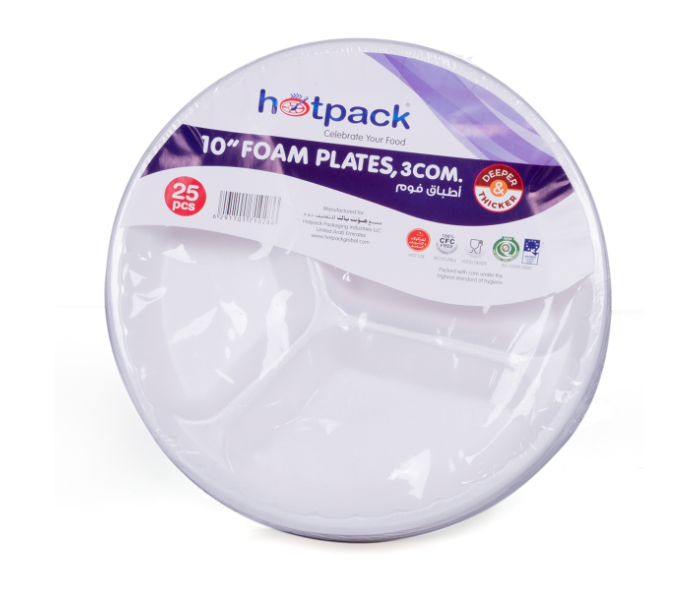 Hotpack RFP103B Pack of 25 Pieces 10 Inch 3 Compartment Round Foam Plate - White - Zoom Image 1