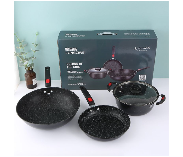 Set of 3 Piece Beautiful Maifan Stone Cookware Set - Black - Zoom Image 1