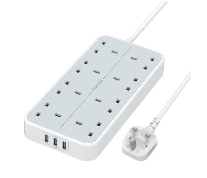 Promate Power Strip Heavy-Duty 11-in-1 Surge Protector Power Extension with Massive 3250Watts 8 AC Outlets 2Meter Cord - White - Zoom Image 1