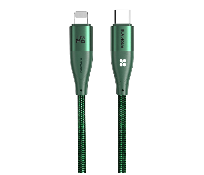 Promate Fast Charging 20Watts 1.2Meter Anti-Tangle USB-C to Lightning Cable - Midnight Green - Zoom Image 1