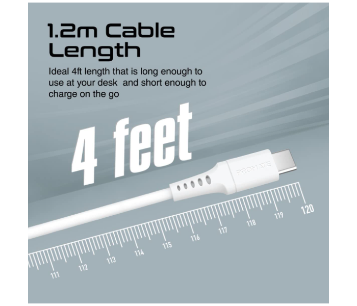 Promate 1.2 Meter Fast Charging USB to USB-C Charging Cable - White - Zoom Image 5