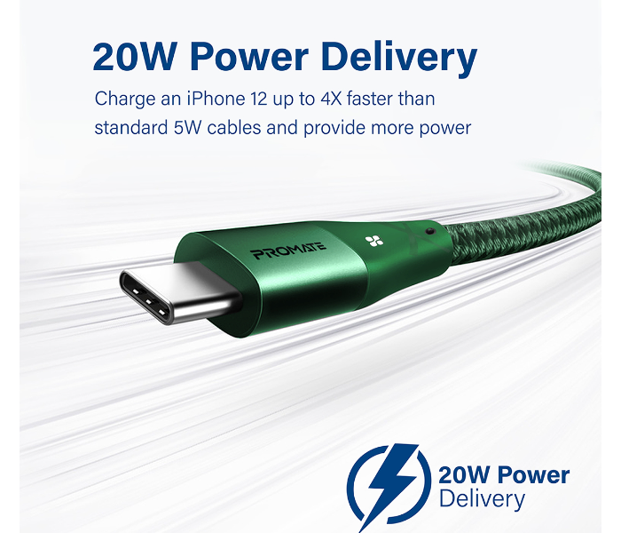 Promate Fast Charging 20Watts 1.2Meter Anti-Tangle USB-C to Lightning Cable - Midnight Green - Zoom Image 4