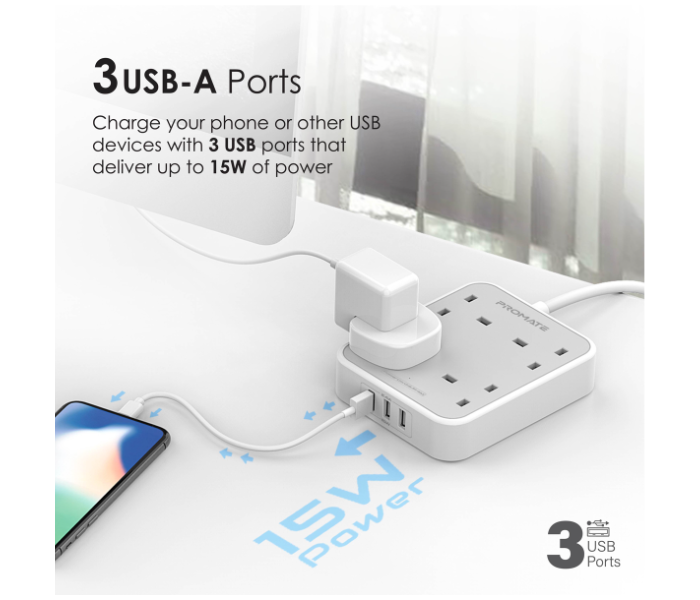 Promate Power Strip Powerful 7-in-1 Wall Charger with 3250Watts 4 AC Outlets 4Meter Extension Cord - White - Zoom Image 3