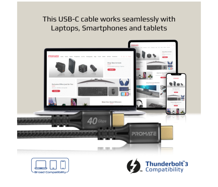 Promate 1Meter USB-C to USB-C Thunderbolt 3 Cable with 240Watts PD - Black - Zoom Image 5