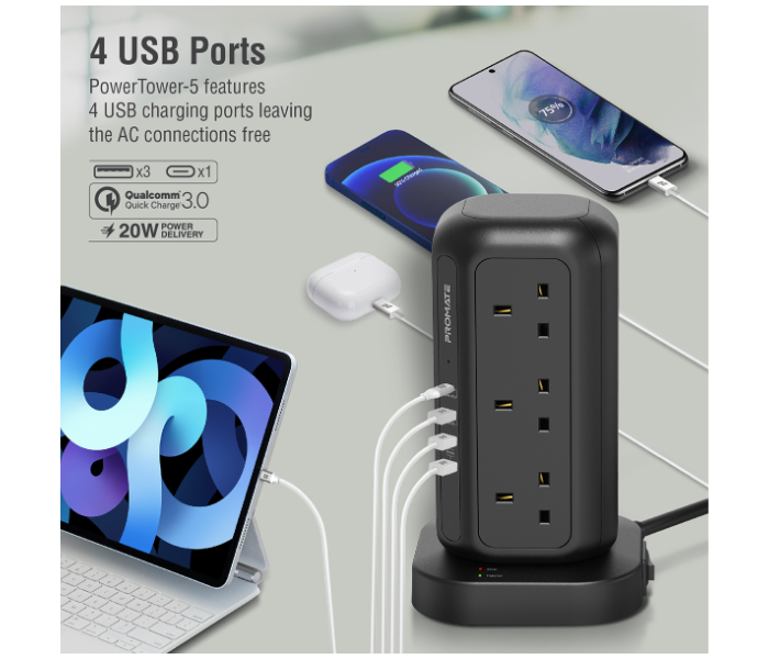 Promate 3250Watts 12 AC Outlets Power Strip with USB-C Power Extension - Black - Zoom Image 4