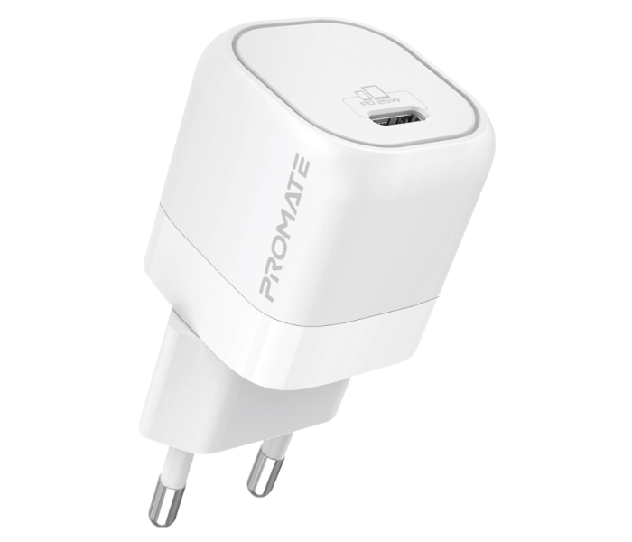 Promate Ultra-Compact 25Watts GaN USB-C Fast-Charging Short-Circuit Protection EU Wall Charger - White - Zoom Image 1