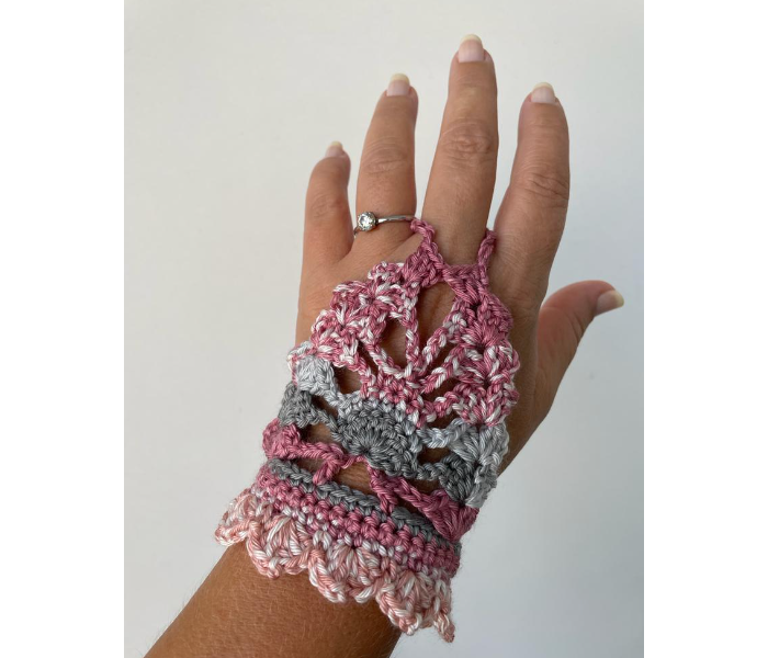 Crochet Handmade Set of 2 Piece Fingerless Gloves - Pink And Grey - Zoom Image 2