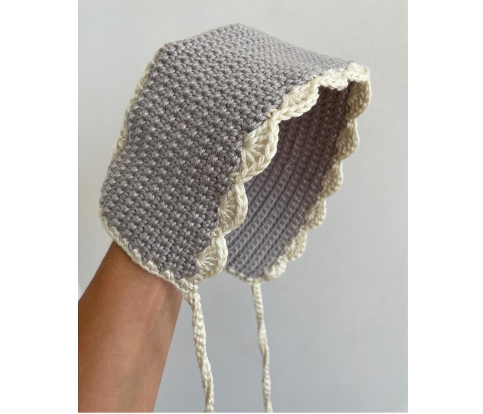 Crochet Handmade Baby Bonnet - Grey And Cream - Zoom Image 3