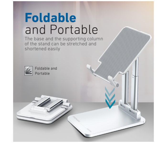 Promate Premium Aluminum Adjustable Height Anti-Slip Base and Foldable Tablet Stand Holder - White - Zoom Image 7