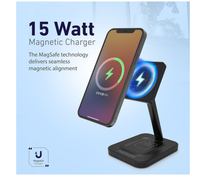 Promate 2-in-1 Mag-Safe 15Watts Fast Magnetic Wireless Charger for iPhone 12 - Black - Zoom Image 2