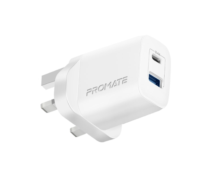 Promate USB-C Adapter Universal 17Watts Multi-Port UK Wall Charger - White - Zoom Image 1