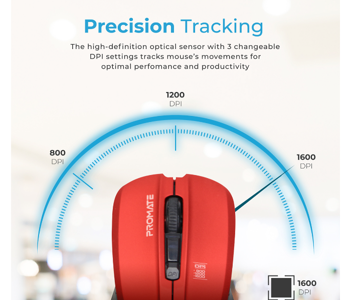 Promate Adjustable 1600DPI Wireless Mouse - Red - Zoom Image 3