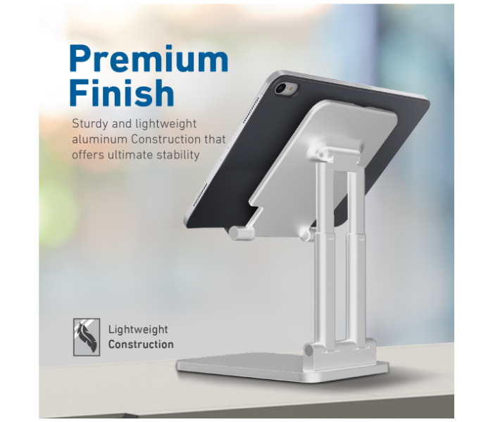 Promate Premium Aluminum Adjustable Height Anti-Slip Base and Foldable Tablet Stand Holder - White - Zoom Image 3