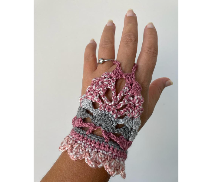 Crochet Handmade Fingerless Gloves - Pink And Grey - Zoom Image 2