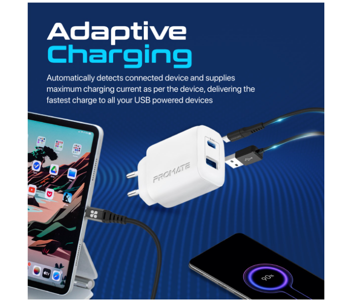 Promate USB-C Adapter Universal 17Watts Multi-Port EU Wall Charger - White - Zoom Image 4