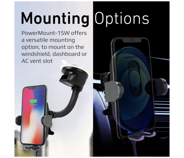 Promate 15Watts Qi Auto-Clamping Dashboard Air Vent Fast Charging Wireless Car Charger - Black - Zoom Image 5