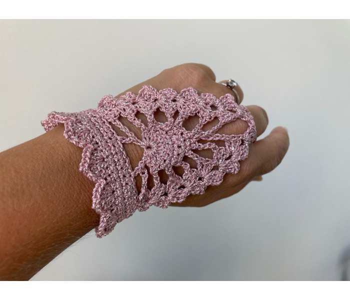 Crochet Handmade Set of 2 Piece Fingerless Gloves - Sparkly Pink - Zoom Image 2