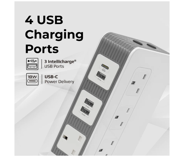 Promate 10 Way Outlets 3Meter Cord Power Strip with USB-C Port Multi Power Plug Extension with Smart 3 USB Ports - White - Zoom Image 2