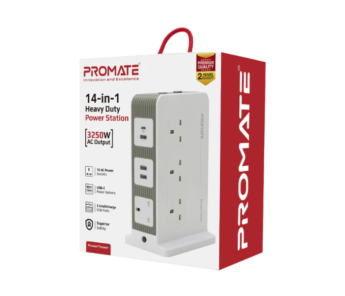 Promate 10 Way Outlets 3Meter Cord Power Strip with USB-C Port Multi Power Plug Extension with Smart 3 USB Ports - White - Zoom Image 7