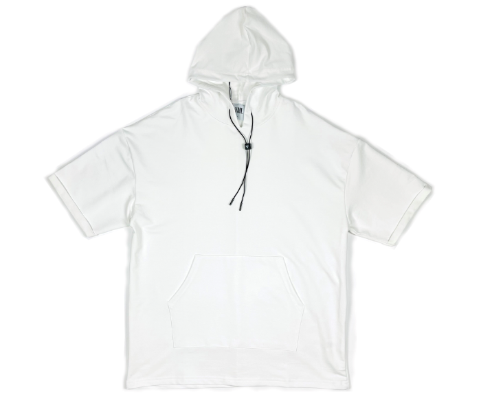 Solid Oversize Medium Hoodie With Shorts Sleeves And Pocket For Men - White - Zoom Image 4