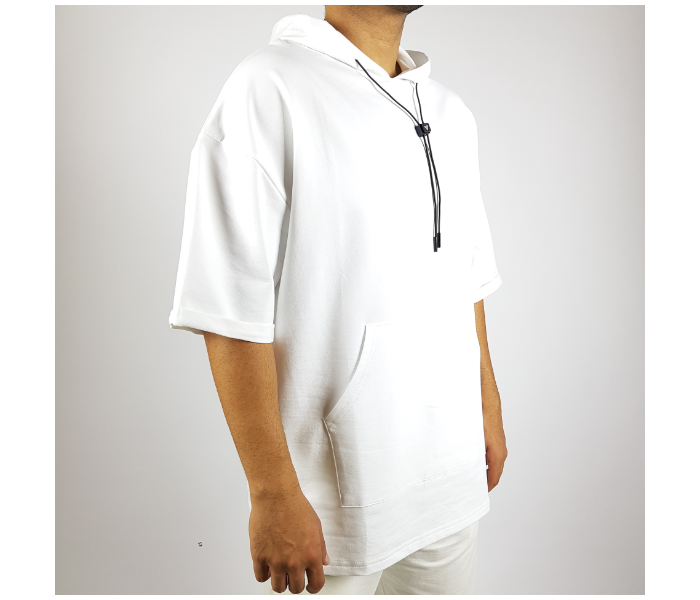 Solid Oversize Small Hoodie With Shorts Sleeves And Pocket For Men - White - Zoom Image 2