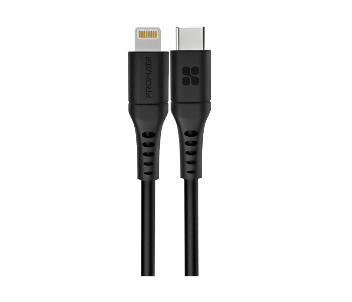 Promate 2 Meter 20Watts Fast Charging USB-C to Lightning Cable - Black - Zoom Image