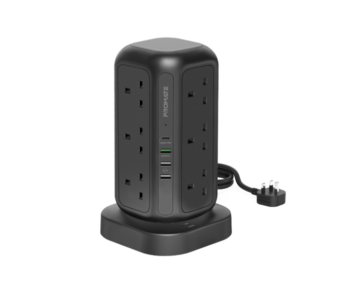 Promate 3250Watts 12 AC Outlets Power Strip with USB-C Power Extension - Black - Zoom Image 1