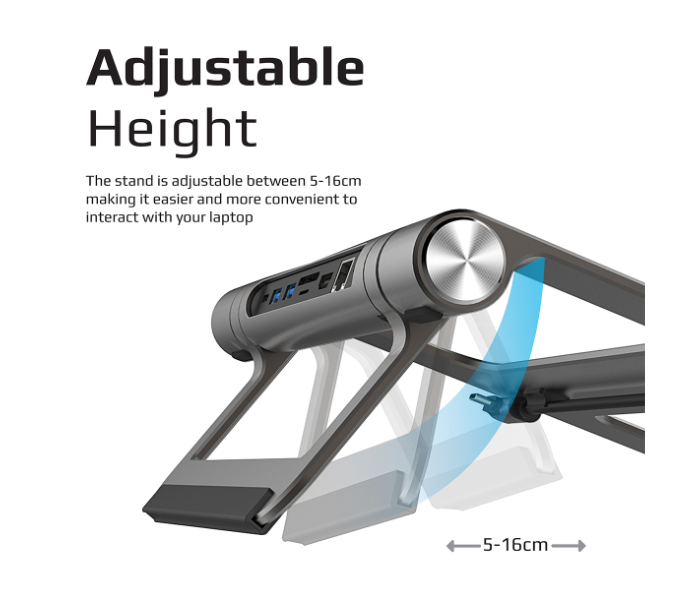 Promate 9-in-1 Detachable Aluminum Laptop Stand with 100Watts USB-C Hub Desk - Grey - Zoom Image 4