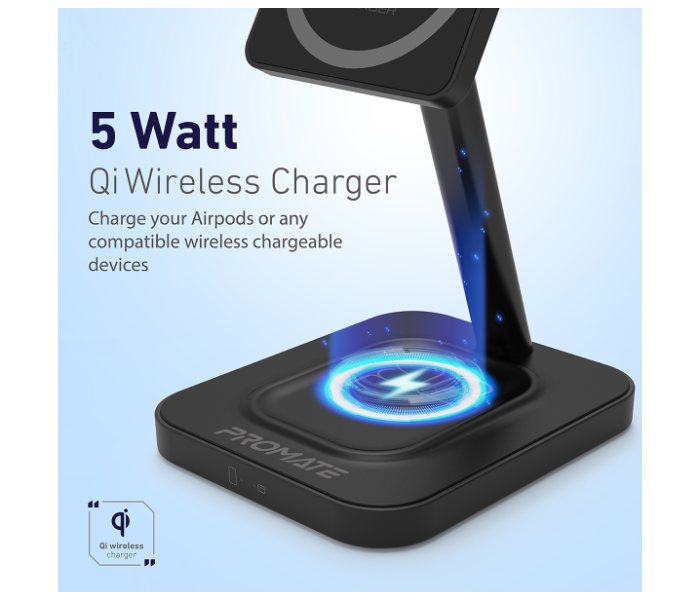 Promate 2-in-1 Mag-Safe 15Watts Fast Magnetic Wireless Charger for iPhone 12 - Black - Zoom Image 3