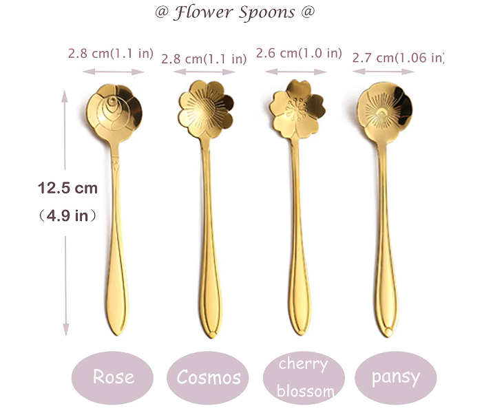 Set of 4 Piece Flower Design Dessert Spoon - Gold - Zoom Image 5