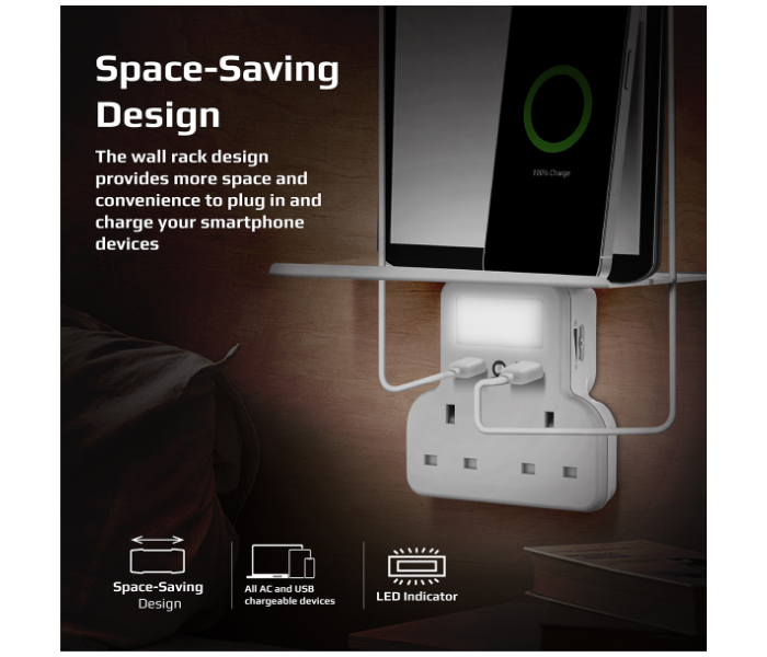 Promate Dual 3250Watts AC Outlets Sensor LED Night Light 5-in 1 Wall Mount Charging Station UK - White - Zoom Image 3