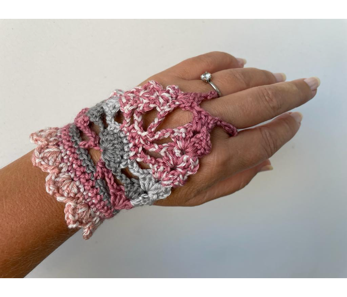 Crochet Handmade Fingerless Gloves - Pink And Grey - Zoom Image 4