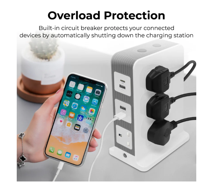 Promate 10 Way Outlets 3Meter Cord Power Strip with USB-C Port Multi Power Plug Extension with Smart 3 USB Ports - White - Zoom Image 5