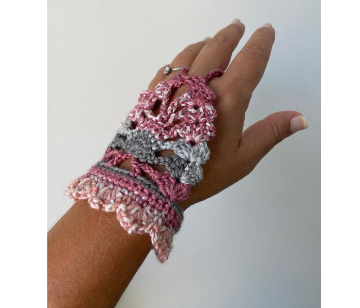 Crochet Handmade Set of 2 Piece Fingerless Gloves - Pink And Grey - Zoom Image 3