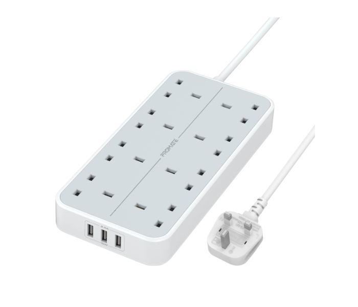 Promate Power Strip Heavy-Duty 11-in-1 Surge Protector Power Extension with Massive 3250Watts 8 AC Outlets 4Meter Cord - White - Zoom Image 1