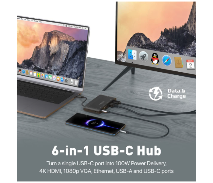 Promate 6-in-1 Type-C USB-C Hub Charge Adapter - Grey - Zoom Image 2