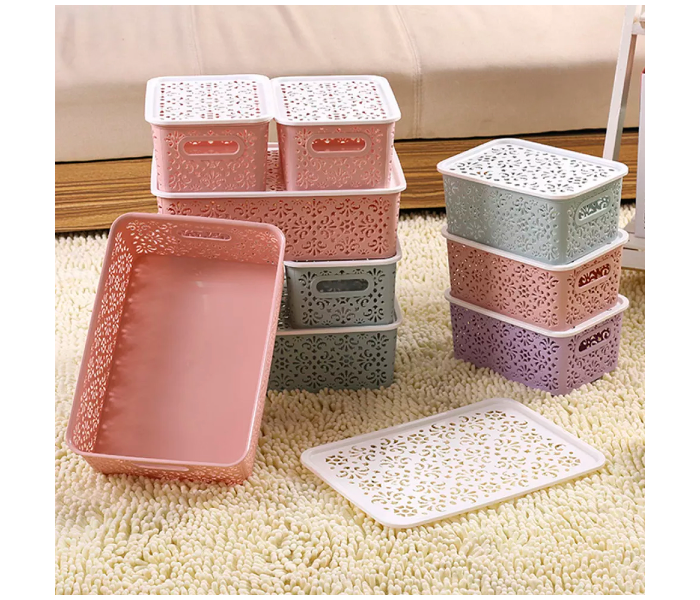 Small Nordic Powder With Lid Hollow Plastic Storage Basket - Pink - Zoom Image 3