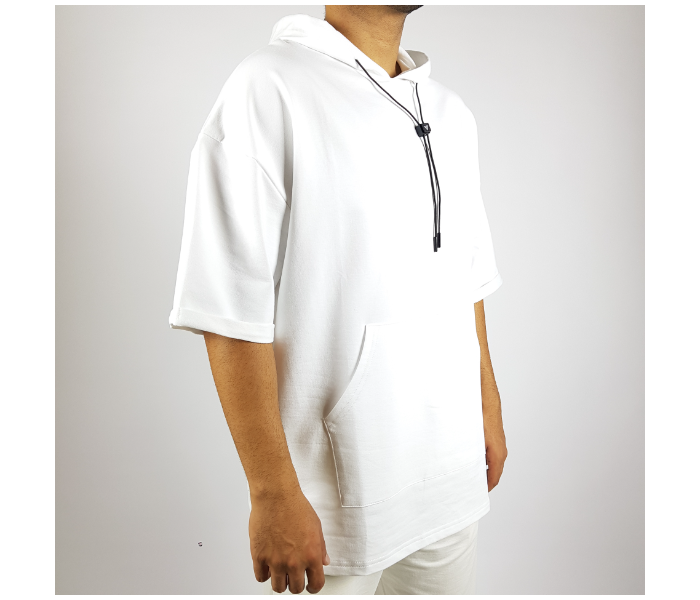 Solid Oversize Medium Hoodie With Shorts Sleeves And Pocket For Men - White - Zoom Image 2