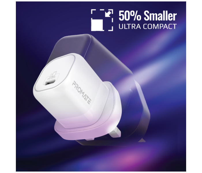 Promate Ultra-Compact 25Watts GaN USB-C Fast-Charging Short-Circuit Protection UK Wall Charger - White - Zoom Image 6