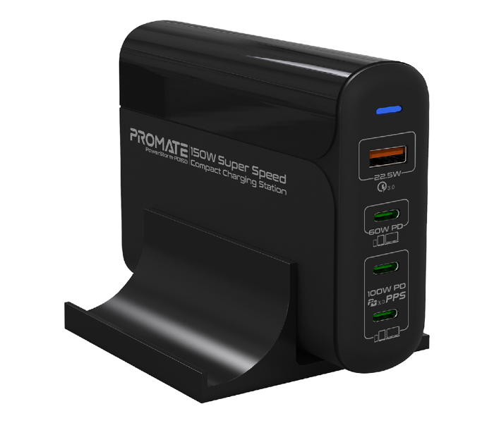 Promate Universal 4-in-1 150Watts USB-C Wall Laptop Charger EU Plug - Black - Zoom Image