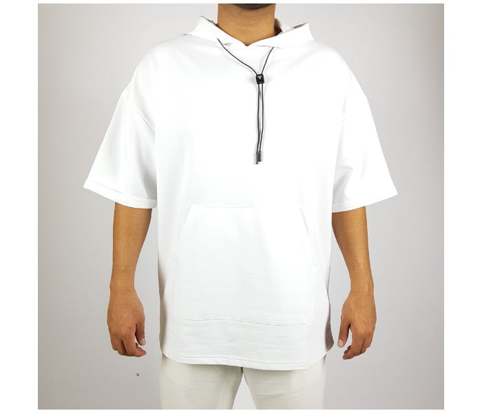 Solid Oversize XL Hoodie With Shorts Sleeves And Pocket For Men - White - Zoom Image 1