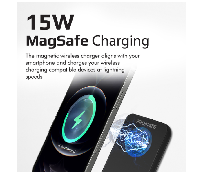 Promate 10000mAh 20Watts Powermag 10 Plus Magnetic Wireless Power Bank - Black - Zoom Image 2