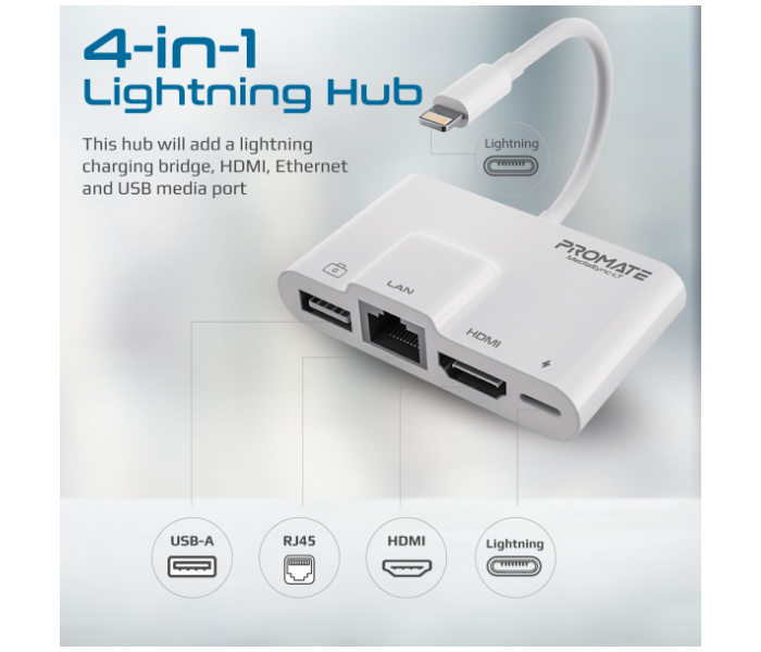 Promate 4-in-1 Premium Multimedia Adapter Lightning Hub - White - Zoom Image 2