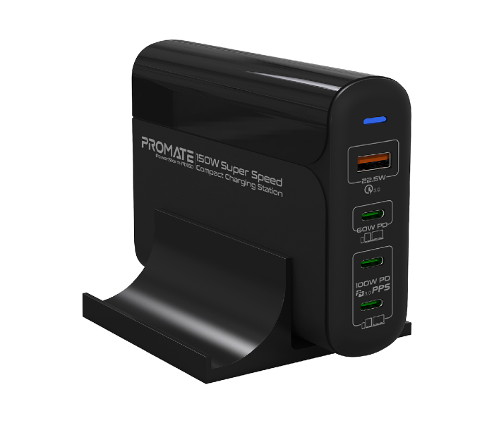 Promate Universal 4-in-1 150Watts USB-C Wall Laptop Charger UK Plug - Black - Zoom Image