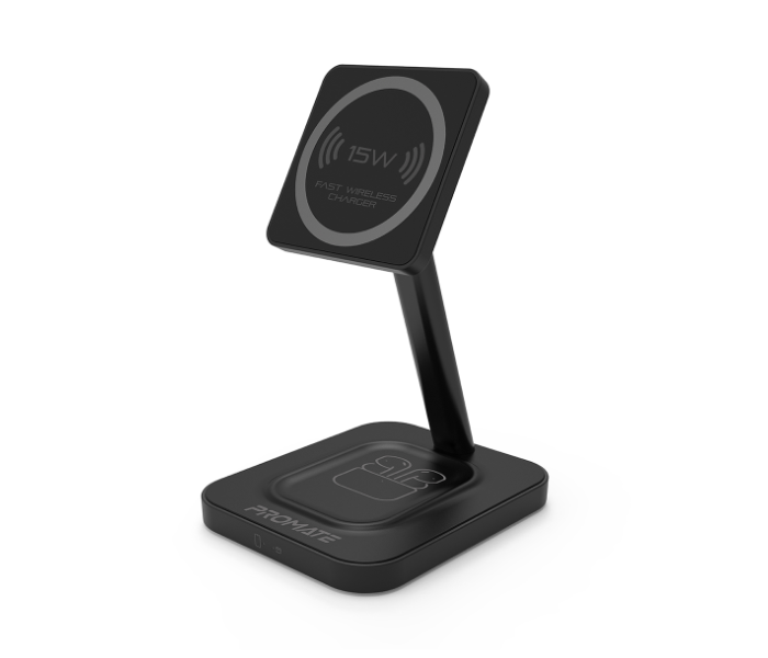 Promate 2-in-1 Mag-Safe 15Watts Fast Magnetic Wireless Charger for iPhone 12 - Black - Zoom Image 1