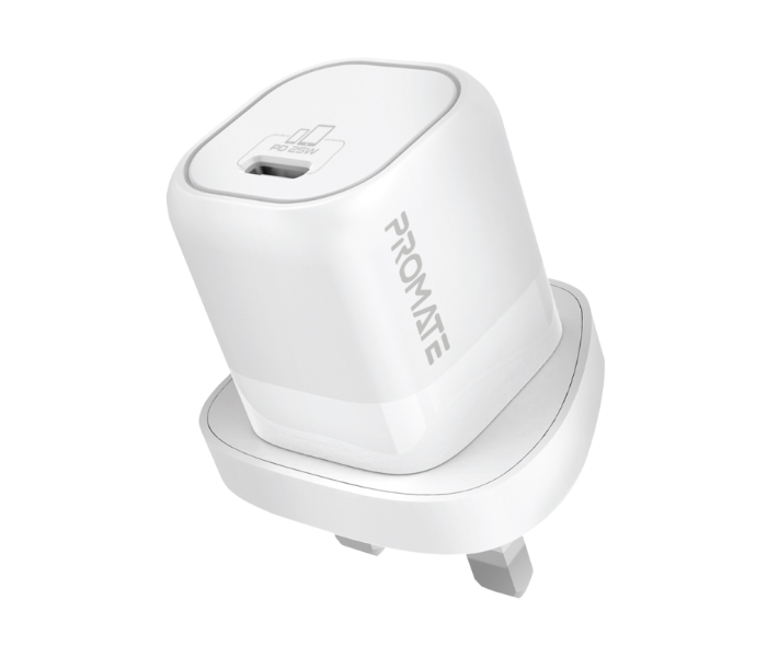 Promate Ultra-Compact 25Watts GaN USB-C Fast-Charging Short-Circuit Protection UK Wall Charger - White - Zoom Image 1