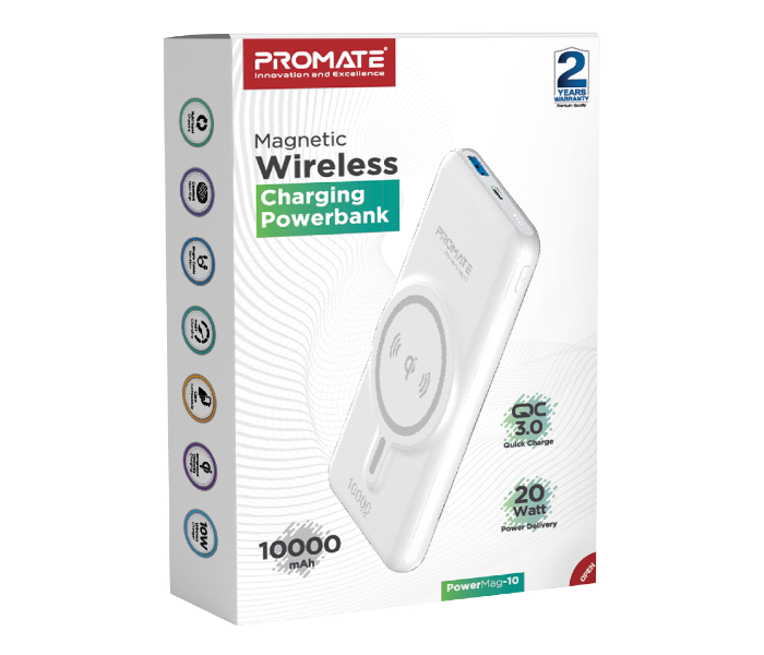 Promate 10000mAh 20Watts Powermag 10 Magnetic Wireless Power Bank - White - Zoom Image 6